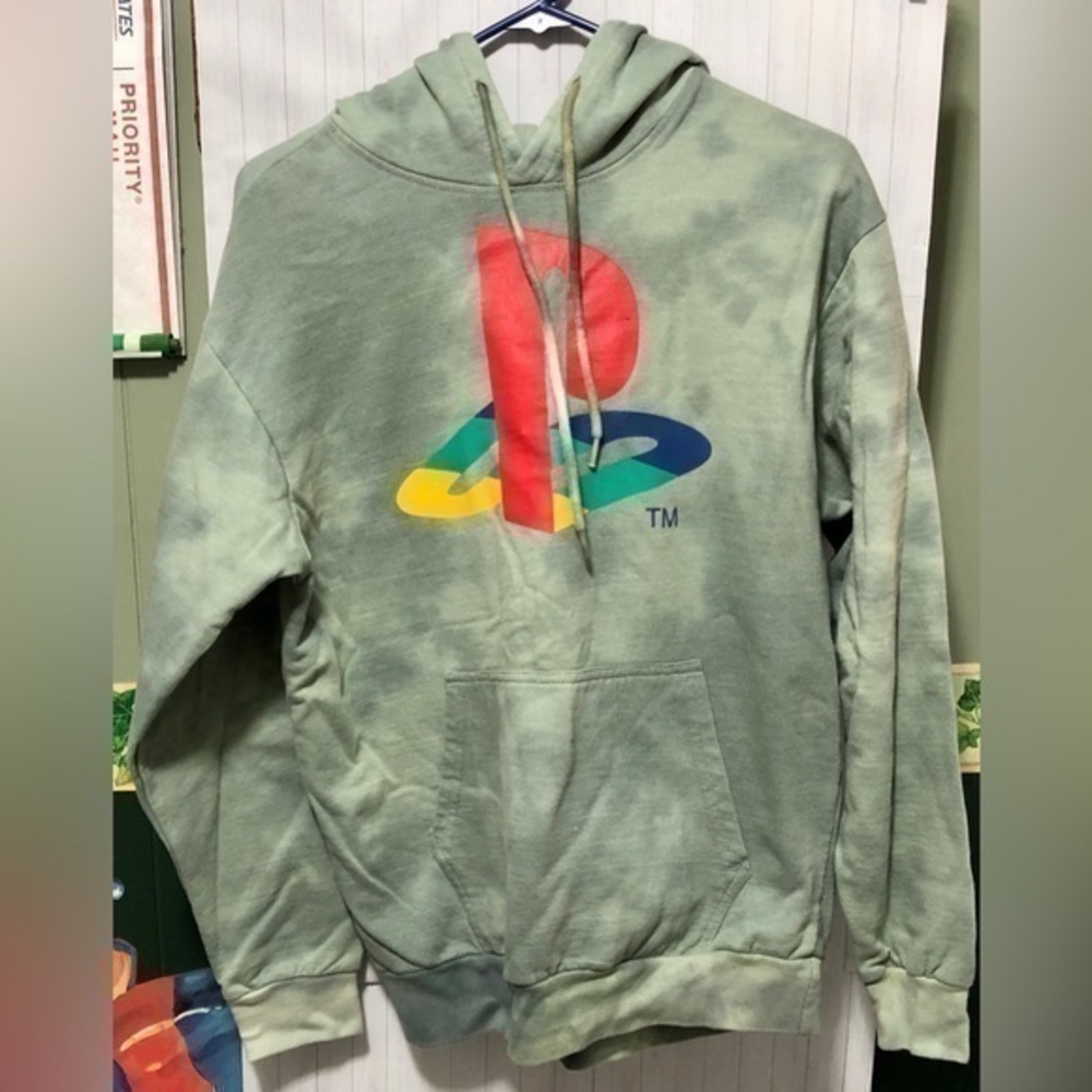 👻Sony PlayStation Classic Logo Green Gray Tie-Dye Pullover Hoodie